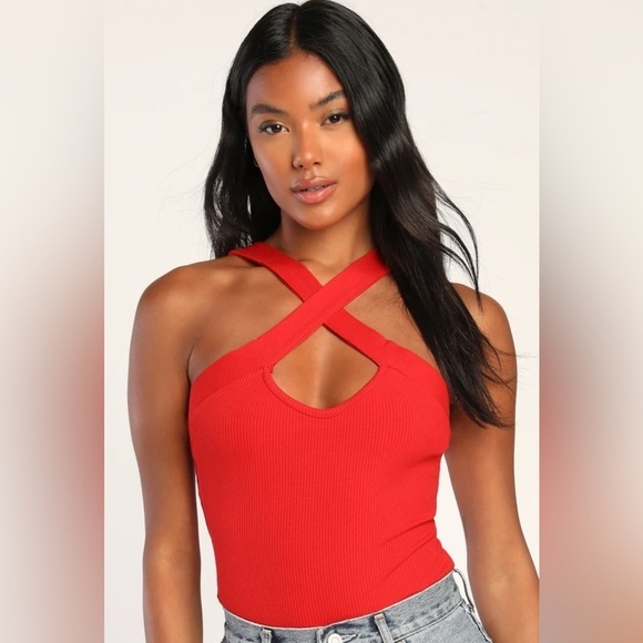 Lulus Criss Cross Ribbed Red Bodysuit - Picture 1 of 5